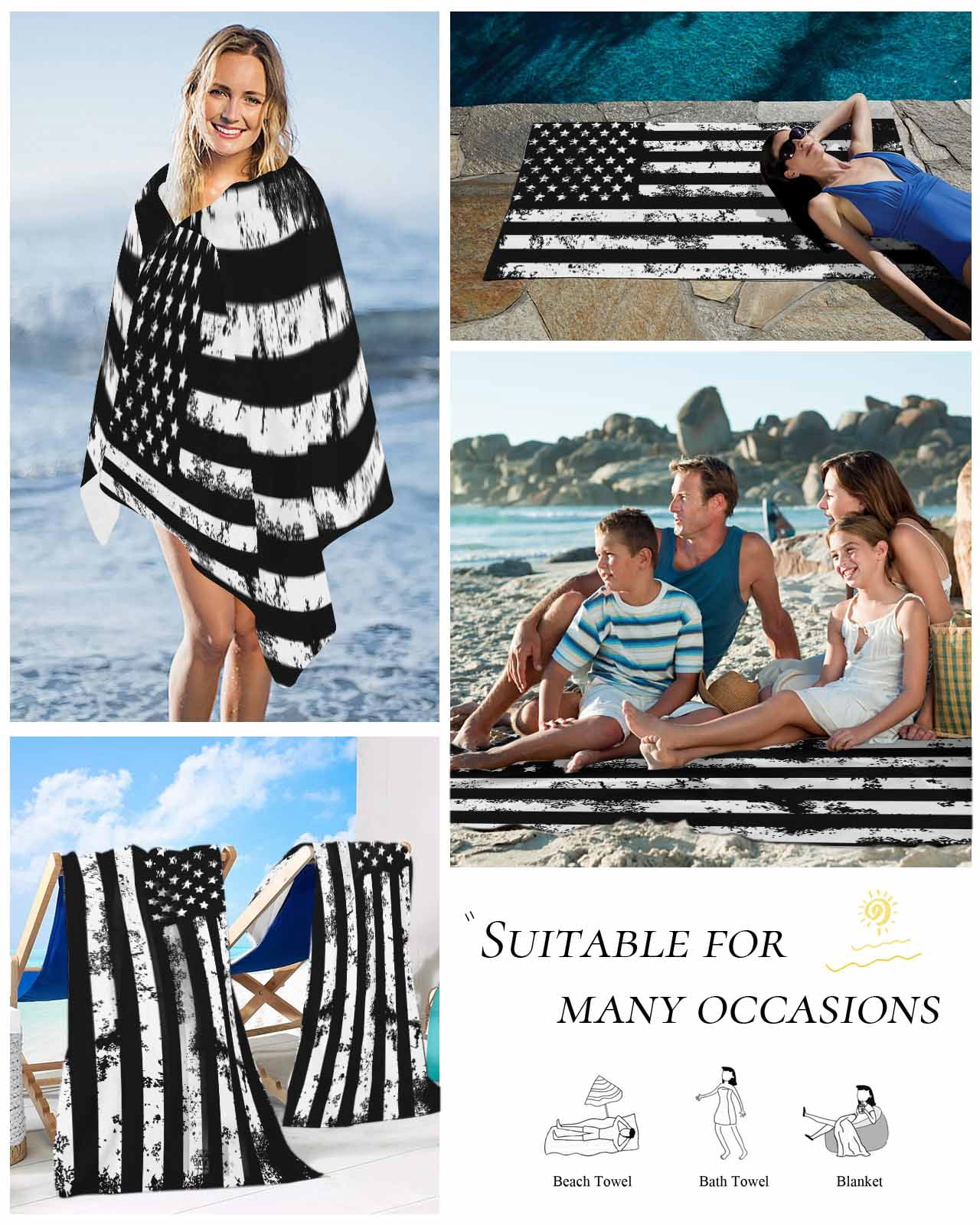 Black White Beach Towels Oversized Super Absorbent, Retro Stars Stripes Flag Shabby Chic Texture Lightweight Bath Towel Quick Dry Sets For Bathroom/Pool/Rv Camping/Beach Play/Gym Room/Picnic 35"x70"