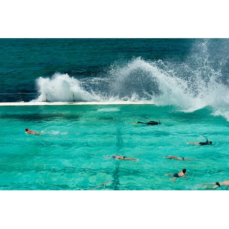 Waves breaking over edge of pool of Bondi Icebergs Swim Club Bondi Beach Sydney New South Wales Australia Canvas Art - Panoramic Images (27 x