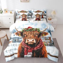Manfei Highland Cow Twin Bedding Sets 7-Piece for Kid, Rustic Christmas Animal Bedding Comforter Set, Farmhouse Cabin Reversible Sheet Sets, Microfiber Bedroom Decor