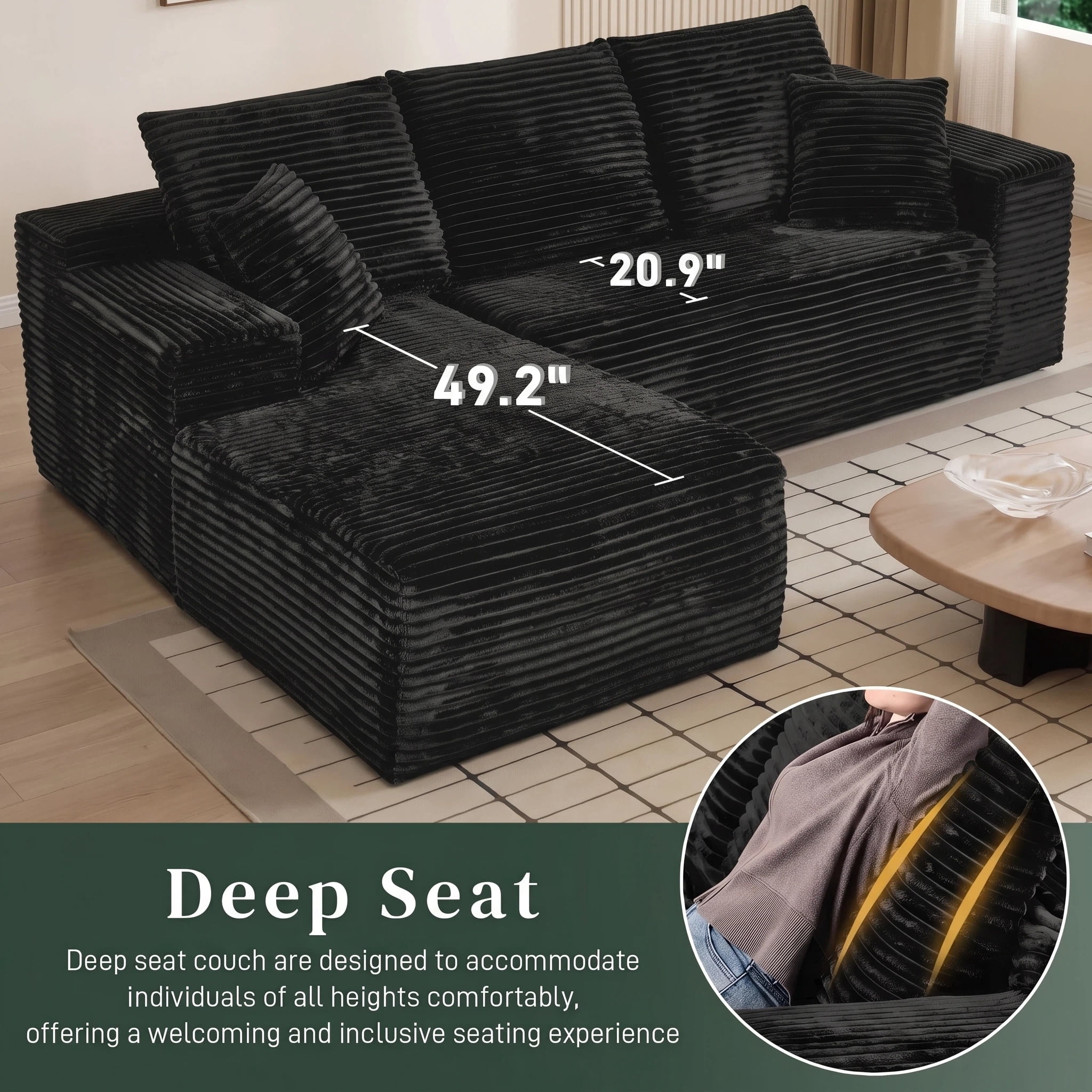 AISWORD 107.5" Corduroy Boneless L Shaped Modular Sectional Sofa with Left Facing Chaise, Deep Seat Compressed Couch with Throw Pillows, No Assembly Required, Black