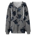 thumbnail image 3 of Women's Fashionable Casual Zippered Hooded Floral Printed Drawstring Furry Sweatshirt Jacket, Botanical Print Style,Navy,M, 3 of 5