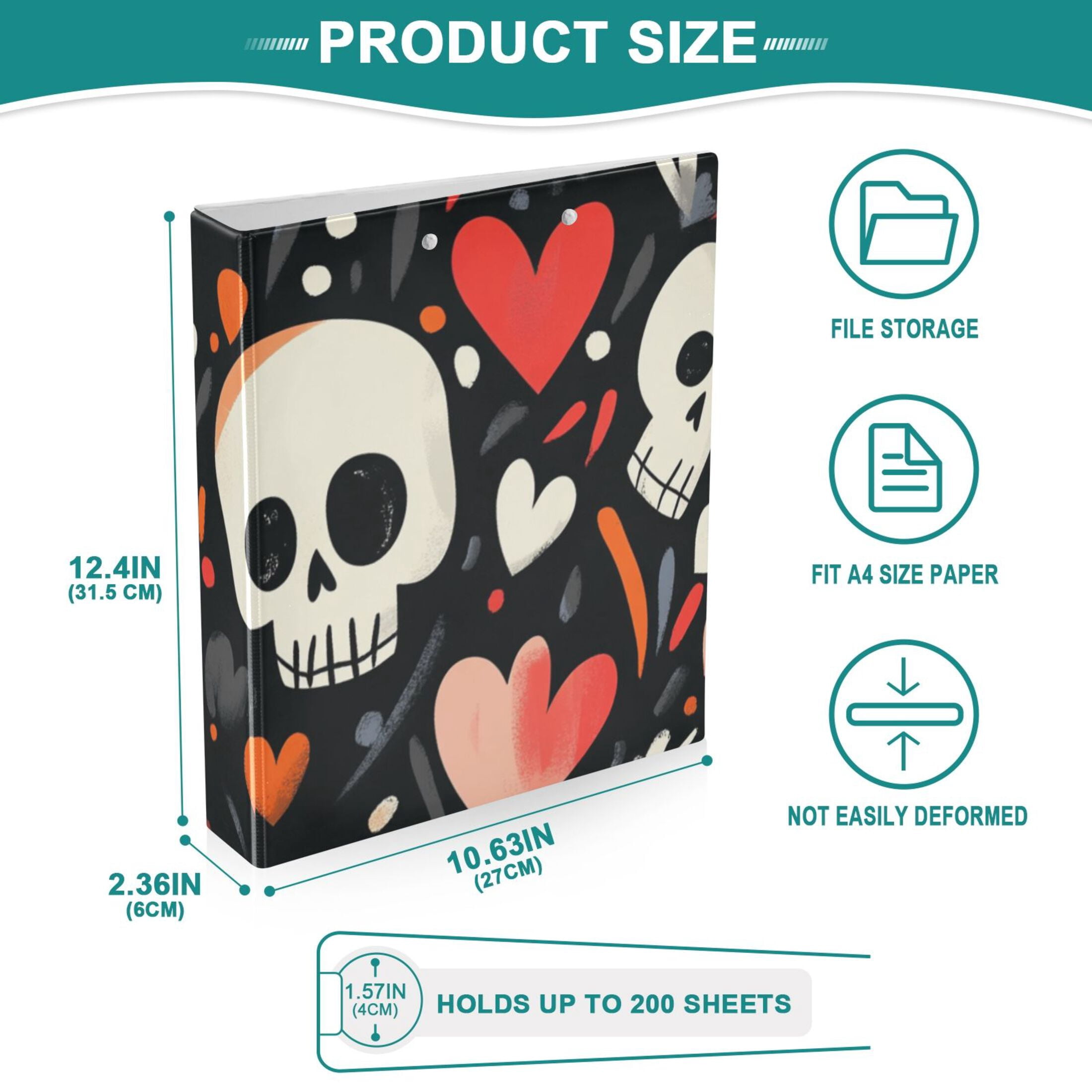 Skulls and Hearts 3 Ring Binders 1.5 inch Hardcover File Folders with Interior Pockets A4 Size Organizer for School Office Hospital