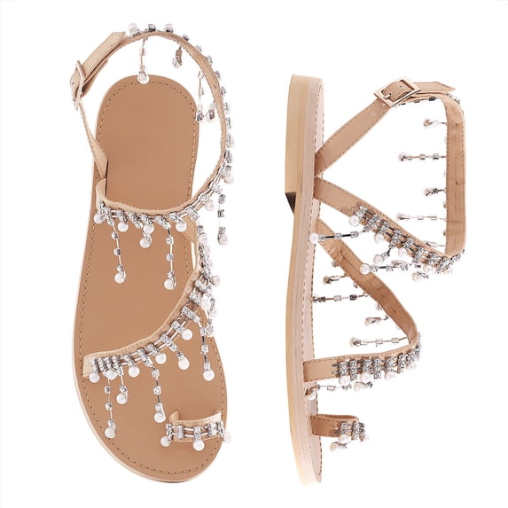 Shoe'N Tale Bling Rhinestone Pearl Flat Woman Bohemia sandals Toe Ring Dress Shoes