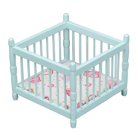 Cuna de madera para bebé Dollhouse Furniture, escala 1/12, con cama rosa