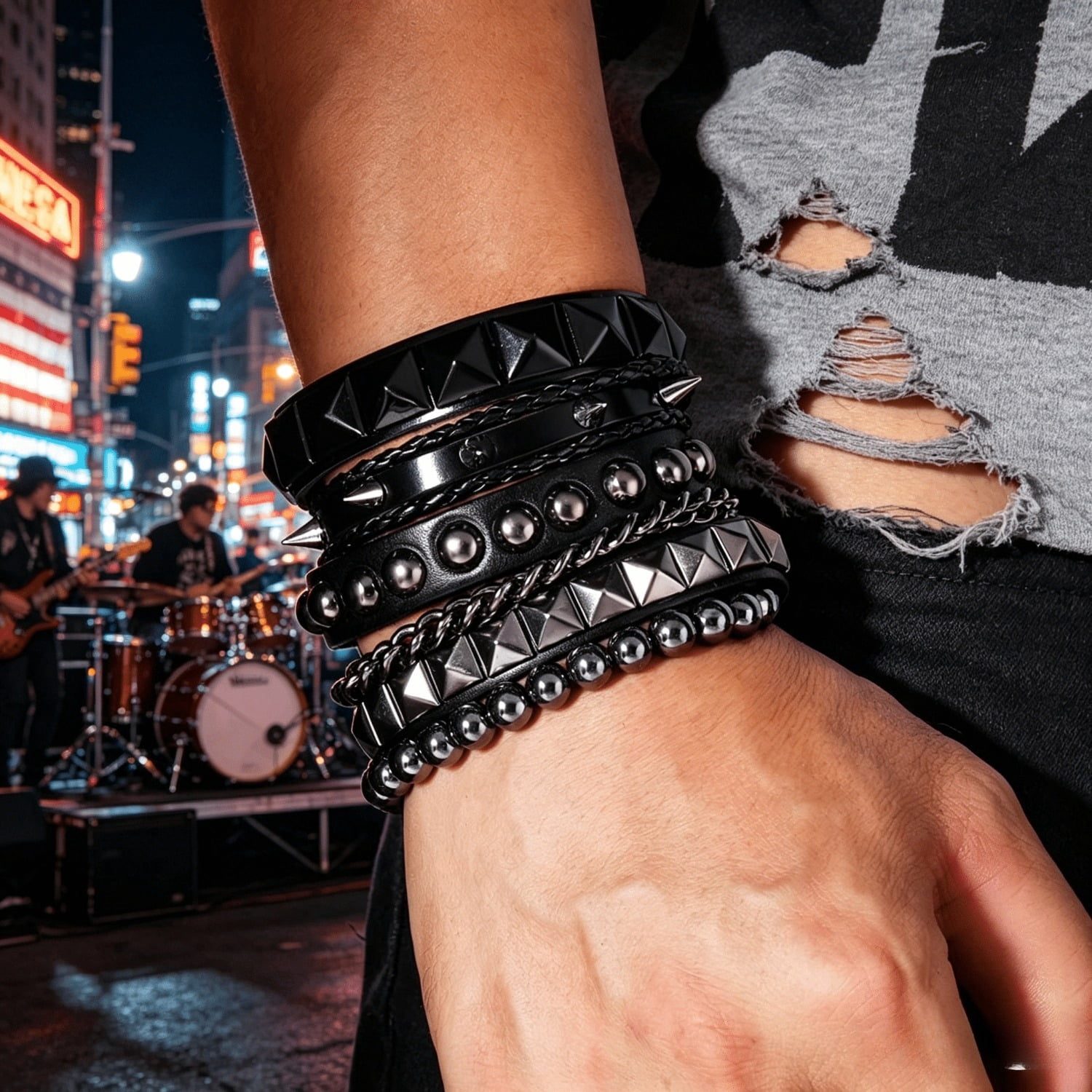 Mygeromon 4 pcs Punk Rock Leather Studded Bracelets for Men Women