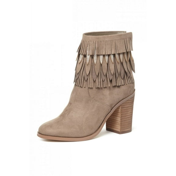 Yellow Box Sunny Taupe Suede Boho Chik Layered Fringe Stacked Heel Ankle Bootie
