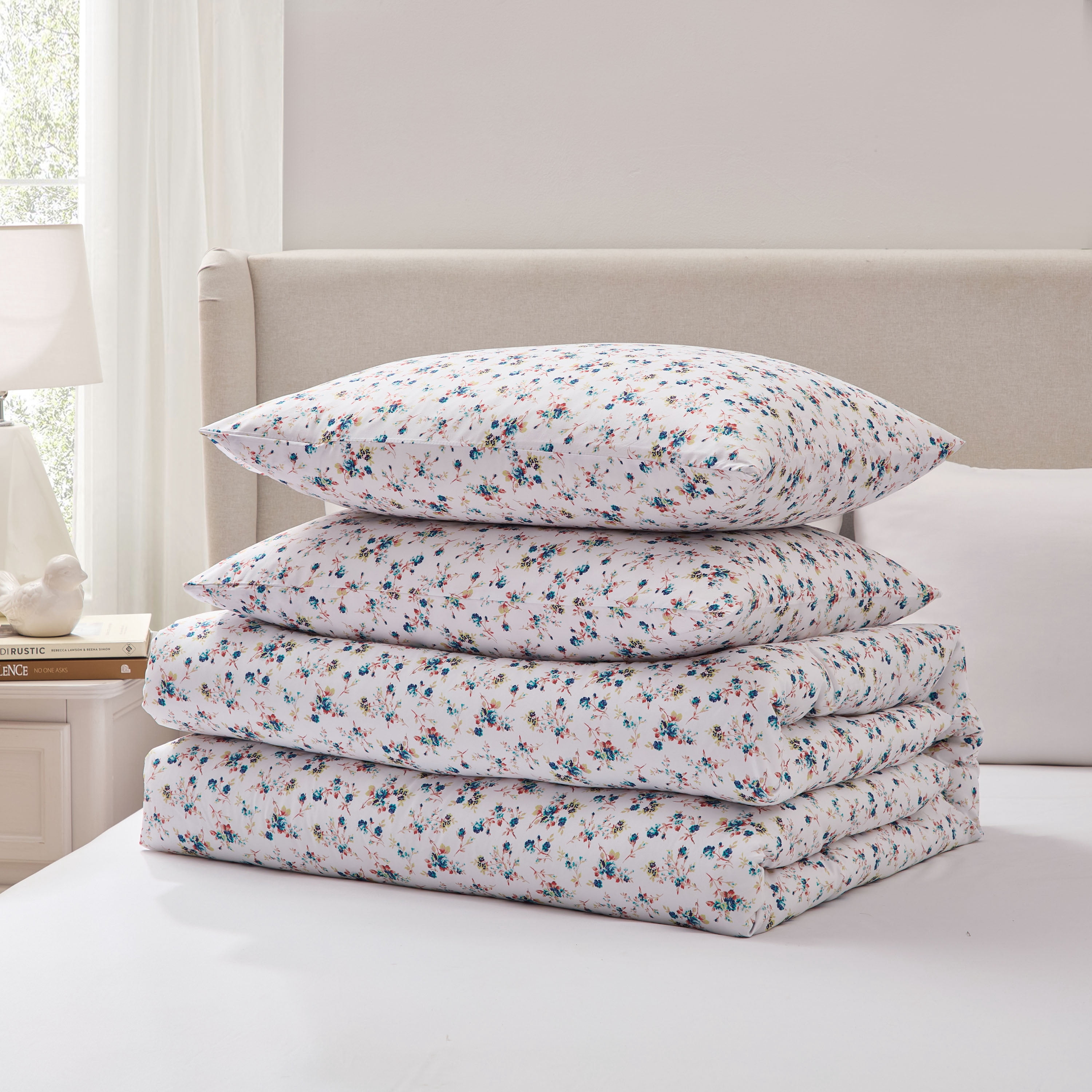 LammaLoe Full Size Comforter Sets, 3 Piece Floral Bedding Comforter Set with Sheets, Bed in a Bag, Blue Rose Duo