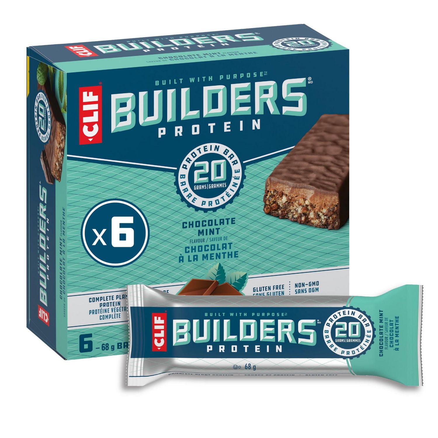 CLIF BUILDERS Protein Bars, Chocolate Mint Flavour, 20g of Protein, Prepared in Canada, Gluten Free, No Artificial Sweeteners, 6x68g