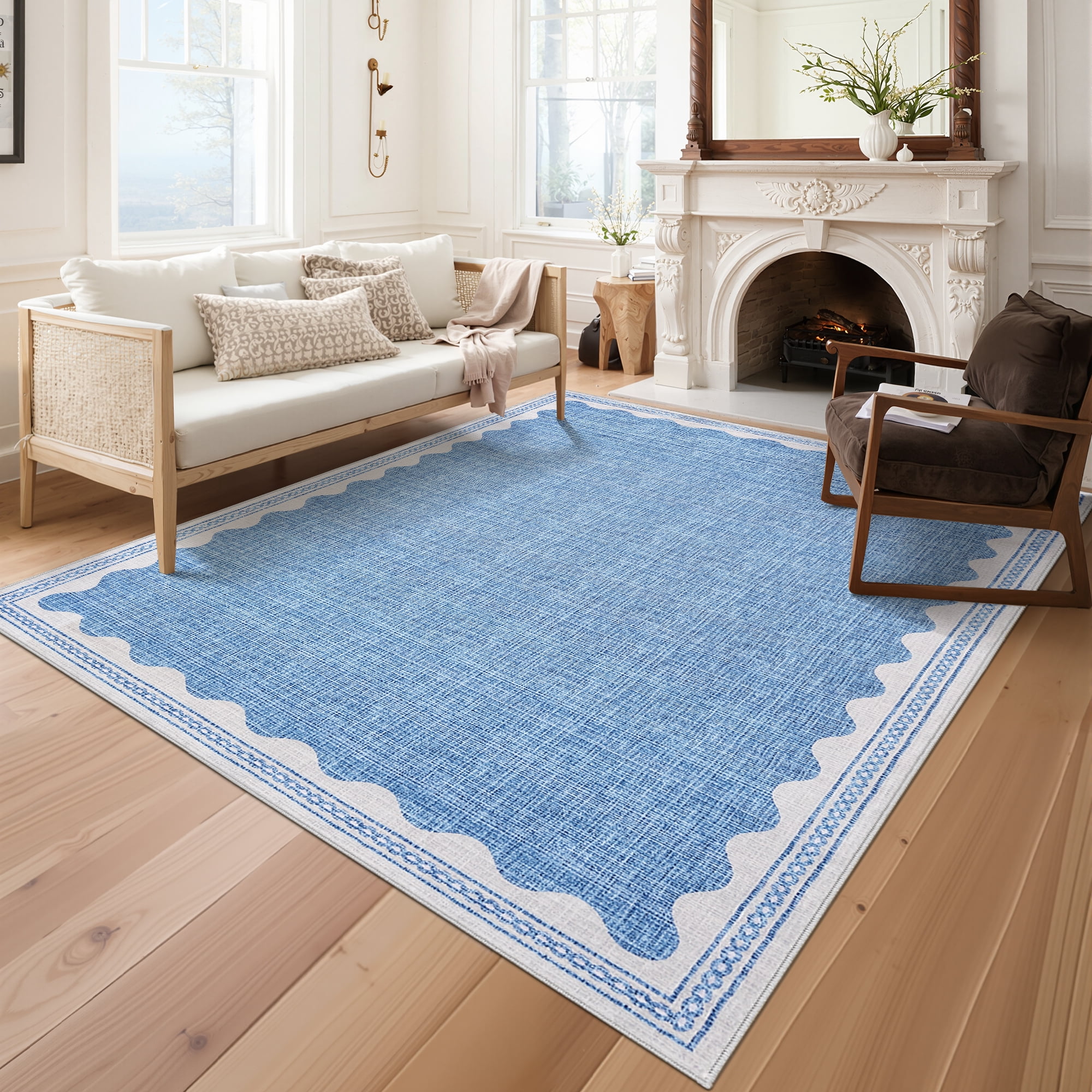 Tzou Modern Scalloped Border Washable Rugs 8' x 10', Non-Slip Low Pile Area Rug for Living Room, Machine Washable Stain Resistant Carpet