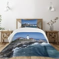 thumbnail image 3 of Landscape Bedspread, Marine Themed Photo with Lighthouse on Rocks and Wavy Sea Calm Sky Panorama, Decorative Quilted 2 Piece Coverlet Set with Pillow Sham, Twin Size, Blue Brown, by Ambesonne, 3 of 6