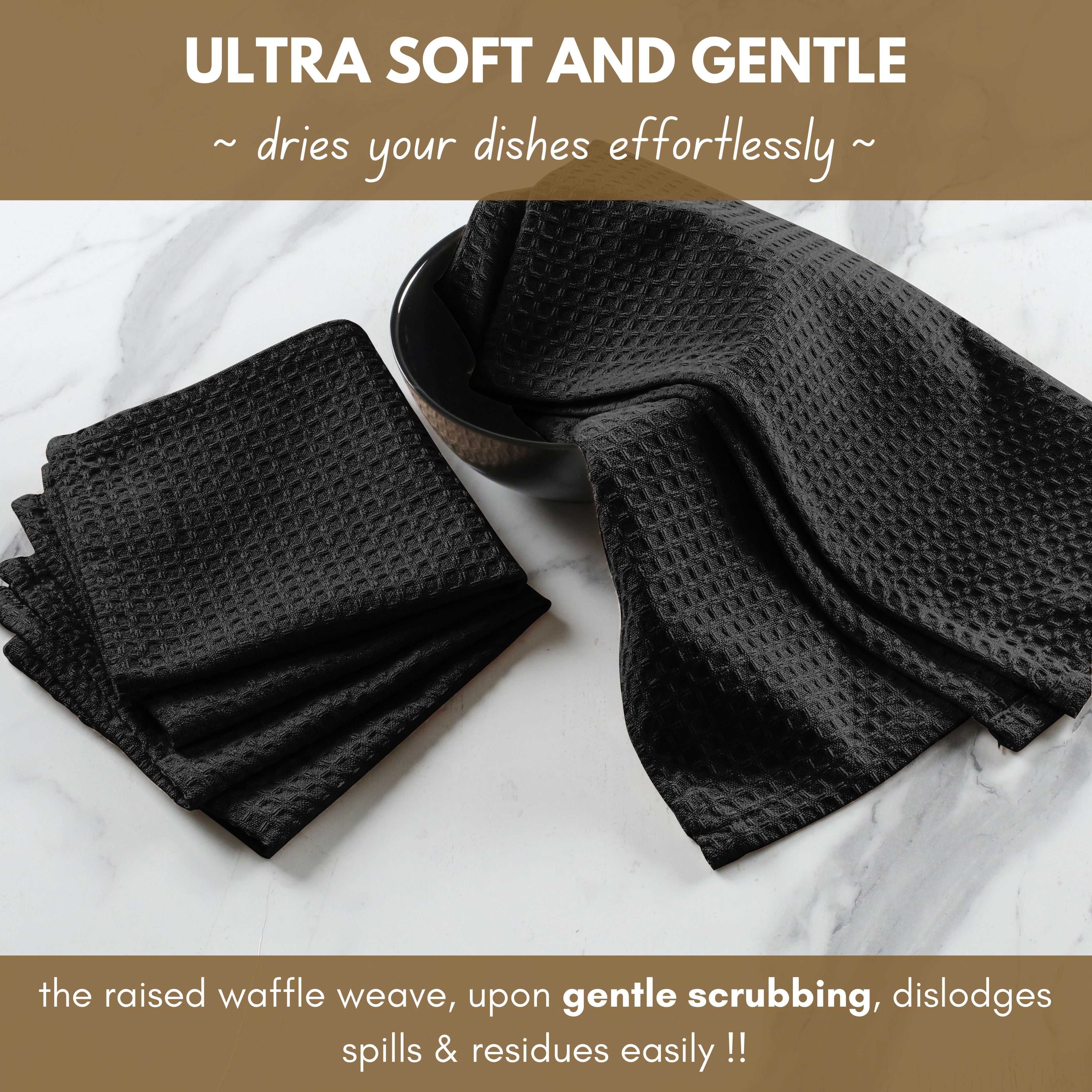 Native Fab Set of 12 Cotton Waffle Kitchen Tea Towels - Absorbent Quick Dry Dish Cloths - Black
