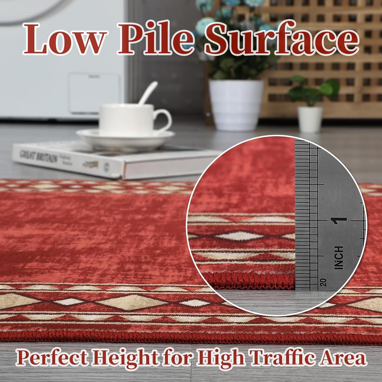 Washable 9x12 Area Rug for Living Room Vintage Rugs for Bedroom Red Rug Bordered Soft Large Area Rug Non Slip Throw Rugs Low Pile Stain Resistant Carpet for Nursery Dining Room 9'x12' Red