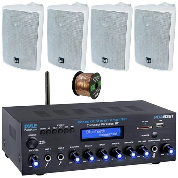Pyle PDA63BT Wireless Bluetooth USB/SD/AUX FM Radio Home Audio Amplifier Receiver, 4x Dual Electronics LU47PW 4" 200W Max Power 3-Way Indoor/Outdoor White Speakers, 50 Feet 16 Gauge Speaker Wire