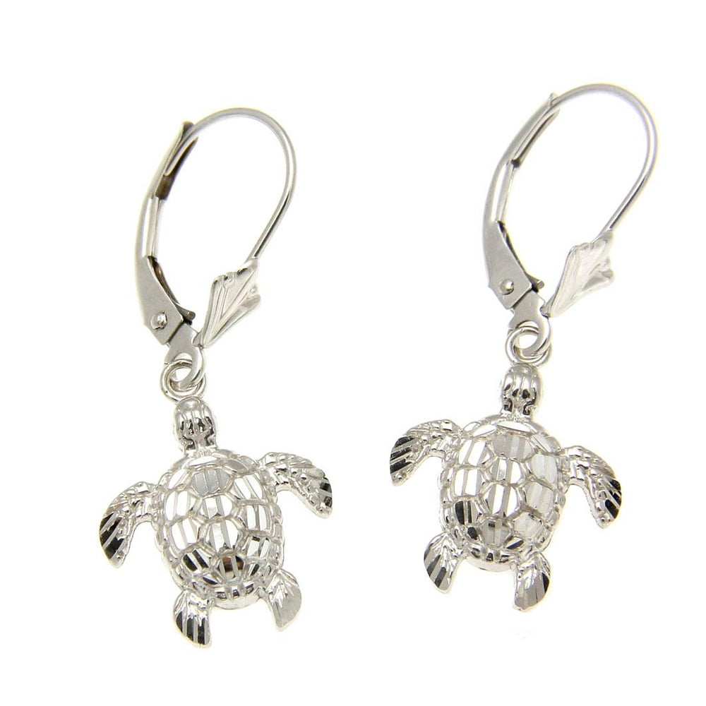 Arthur's Jewelry 14K white gold sparkly diamond cut Hawaiian 12mm sea turtle leverback