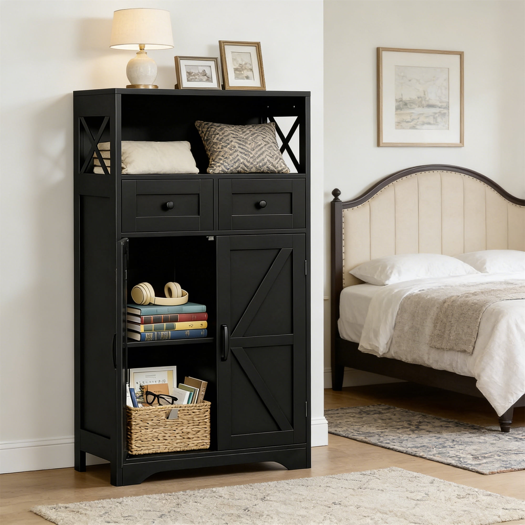 Farmhouse Storage Cabinet, Bathroom Floor Cabinet Kitchen Pantry with Doors and Drawers, Hutch Cupboard for Living Room, Bedroom, Laundry, Black