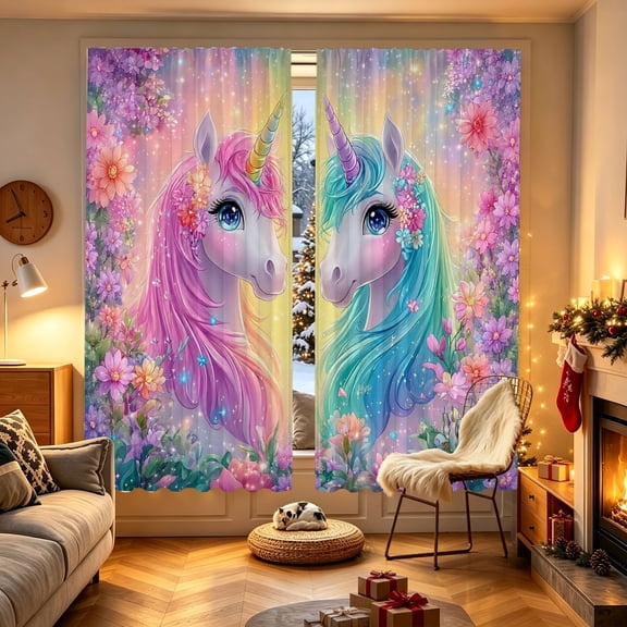 1/2pcs Pastel Rainbow Unicorn Floral Printed Window Curtain, 53.9x17.7/27.5x39.3/27.5x59 inch, Polyester, Light Filter, Indoor Household Decor