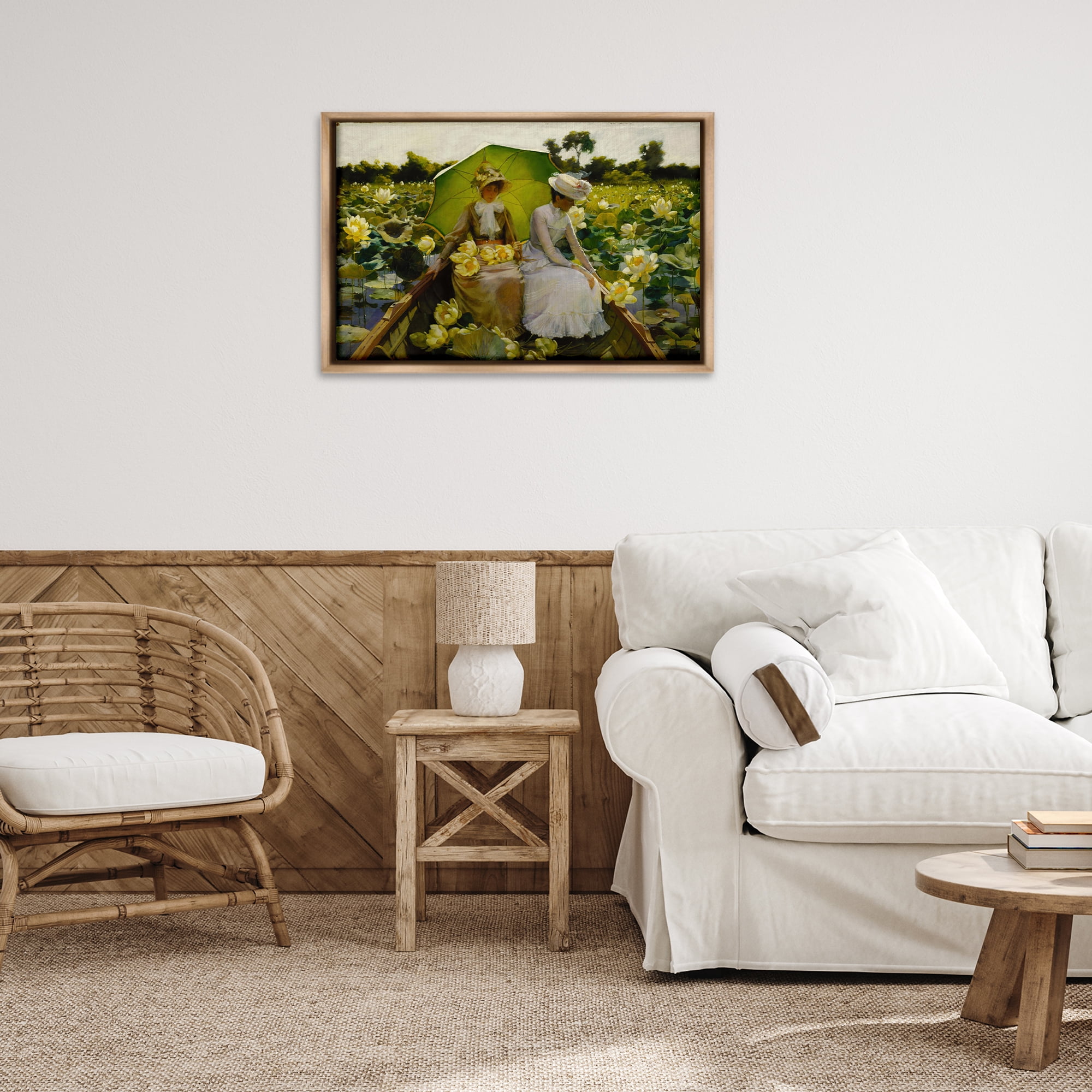Stupell Industries Classic Lotus Lilies Portrait People Painting Brown Floater Framed Canvas Art Print Wall Art, 31 x 21