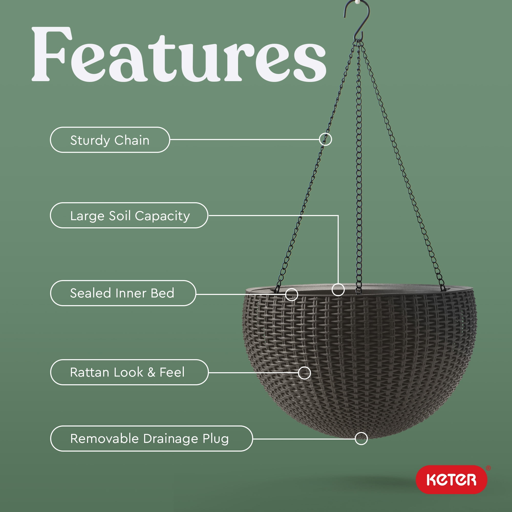 Keter Resin Rattan Set of 2 Round Hanging Planter Baskets for Indoor and Outdoor Plants, Cappuccino