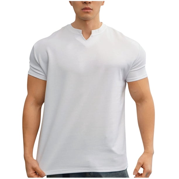 Camisas de Verano Casuales de Manga Corta de los Hombres Color Sólido V-Cuello Blusa de Fitness, 75% Poliéster 20% Rayón 5% Camisa de Spandex