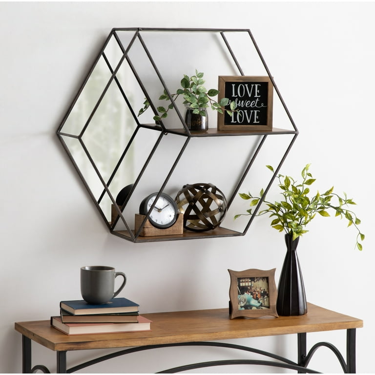 鏡 Kate and Laurel Lintz Hexagon Shelves Kate and Laurel Lintz Hexagon Wall Shelves with Mirror - Walmart.com