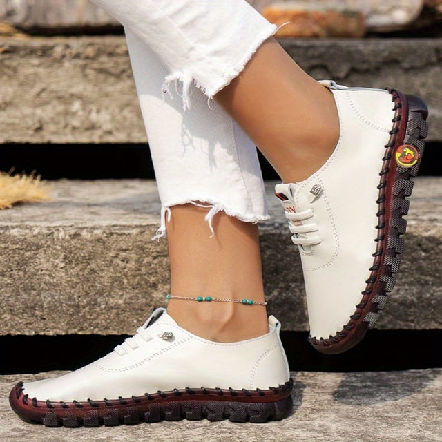 Zapatillas Planas Hechas A Mano Para Mujer, Zapatos De Piel Sintética Con Punta Redonda Y Cordones De Color Sólido, Zapatos Casuales Para Caminar