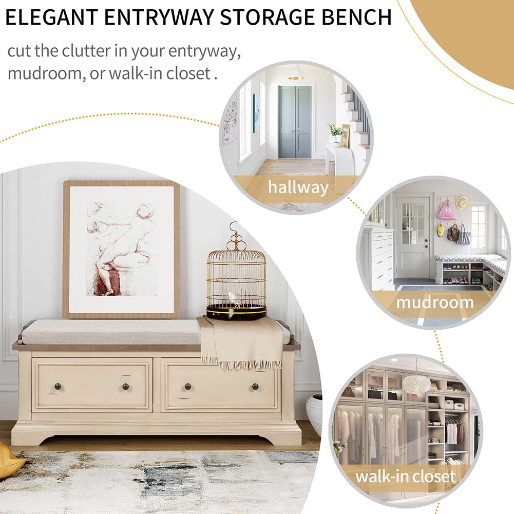 Lowestbest Collection Storage Bench, Solid Wood Shoe Bench with Two Large Drawers and Removable Cushion, Fully Assembled (Beige) Lowestbest Collection Storage Bench, Solid Wood Shoe Bench with Two Large Drawers and Removable Cushion, Fully Assembled (Beige)