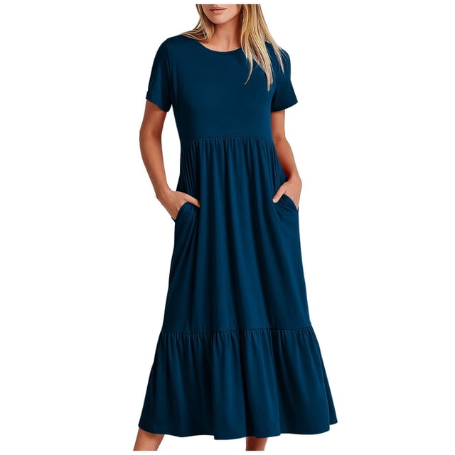 Meichang Robes d'Été pour Femmes avec Poches Manches Courtes Col Rond Robes à Volants Robe Longue Maxi pour Vacances à la Plage