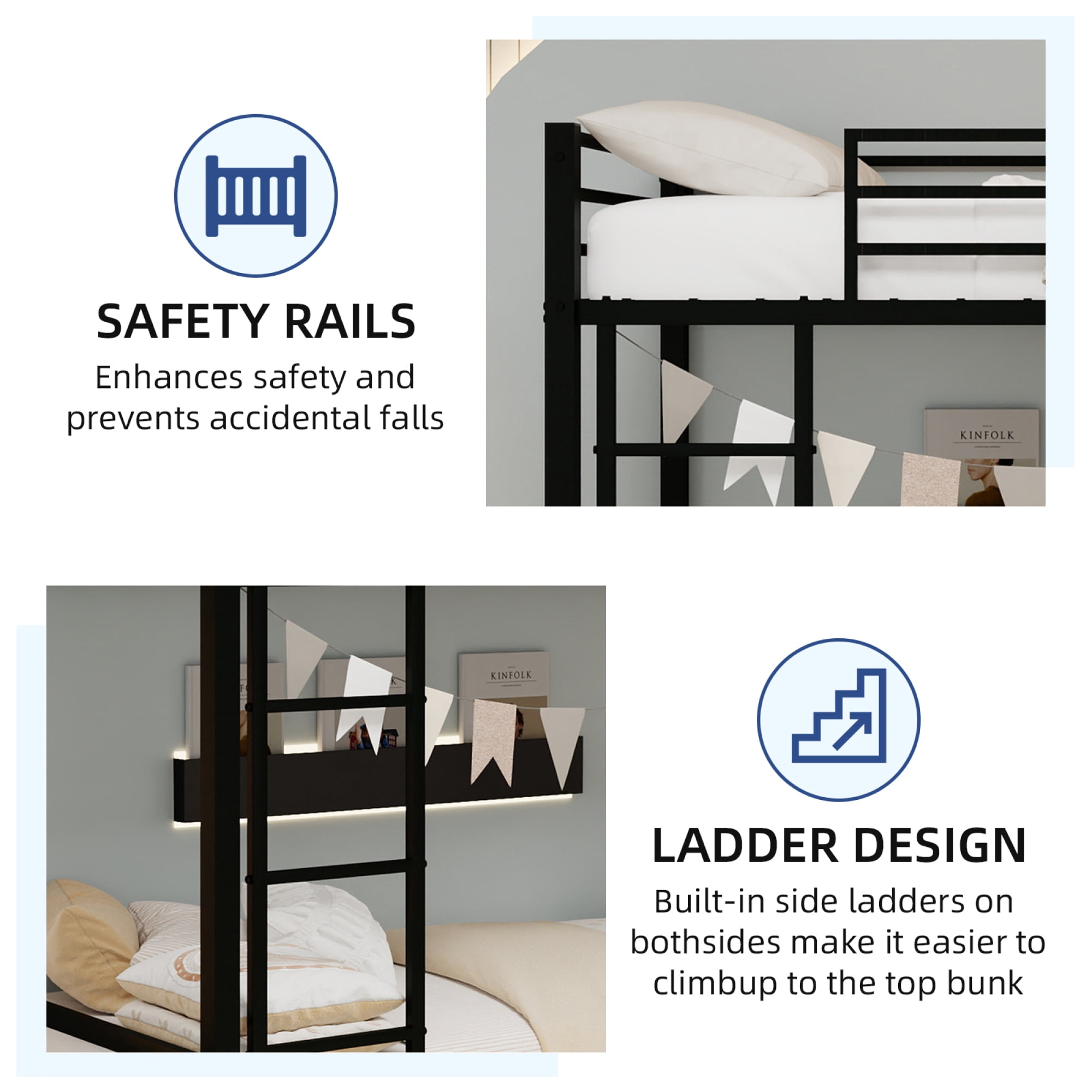 Metal Twin over Twin Bunk Bed with Ladder and Safety Guardrails, Heavy Duty Bunk Bedframe for Kids Teens Adults, Low Bunk Beds for Boys Girls, Noise Free