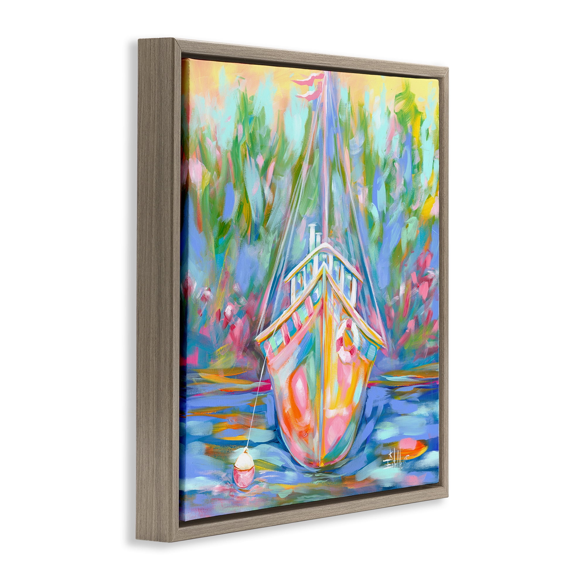Stupell Industries Boat In Waiting Transportation Painting Brown Floater Framed Canvas Art Print Wall Art, 25 x 25