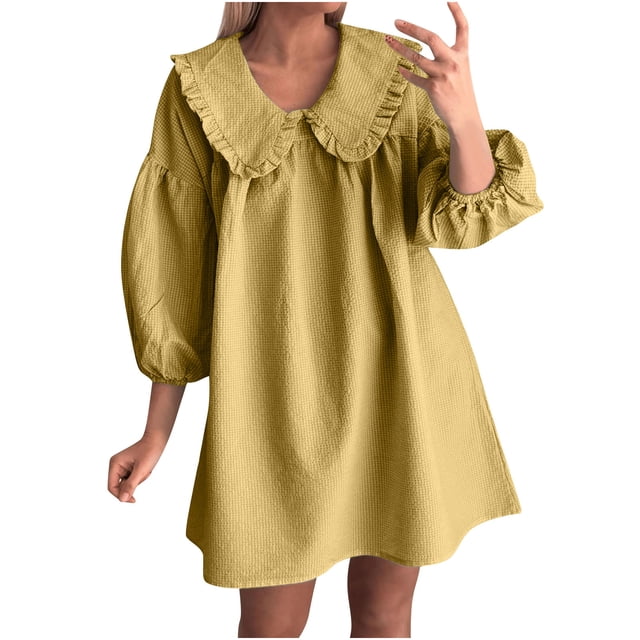 Vestido de Camisa en Cuadro para las Mujeres 3/4 Manga Puff Muñeca Collar Suelto Mini Vestido, Poliéster Spandex