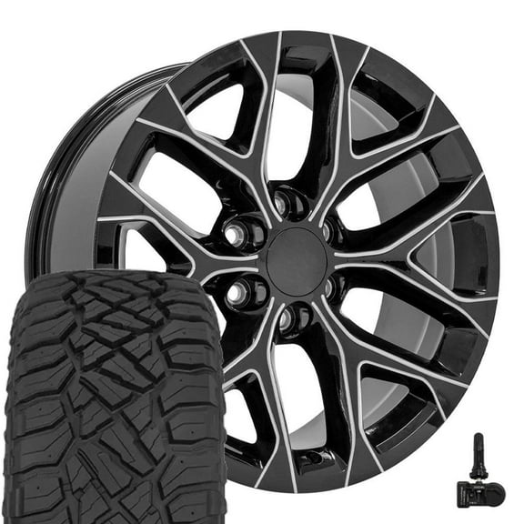 OE Wheels CV98B 20 Inch Rims and Tires Fit Silverado 1500 Snowflake Style 6x139.7 20x9 Gloss Black with Milled Edge - Hollander 5668 - TerraMax RT 275/55-20 (Set of 4)