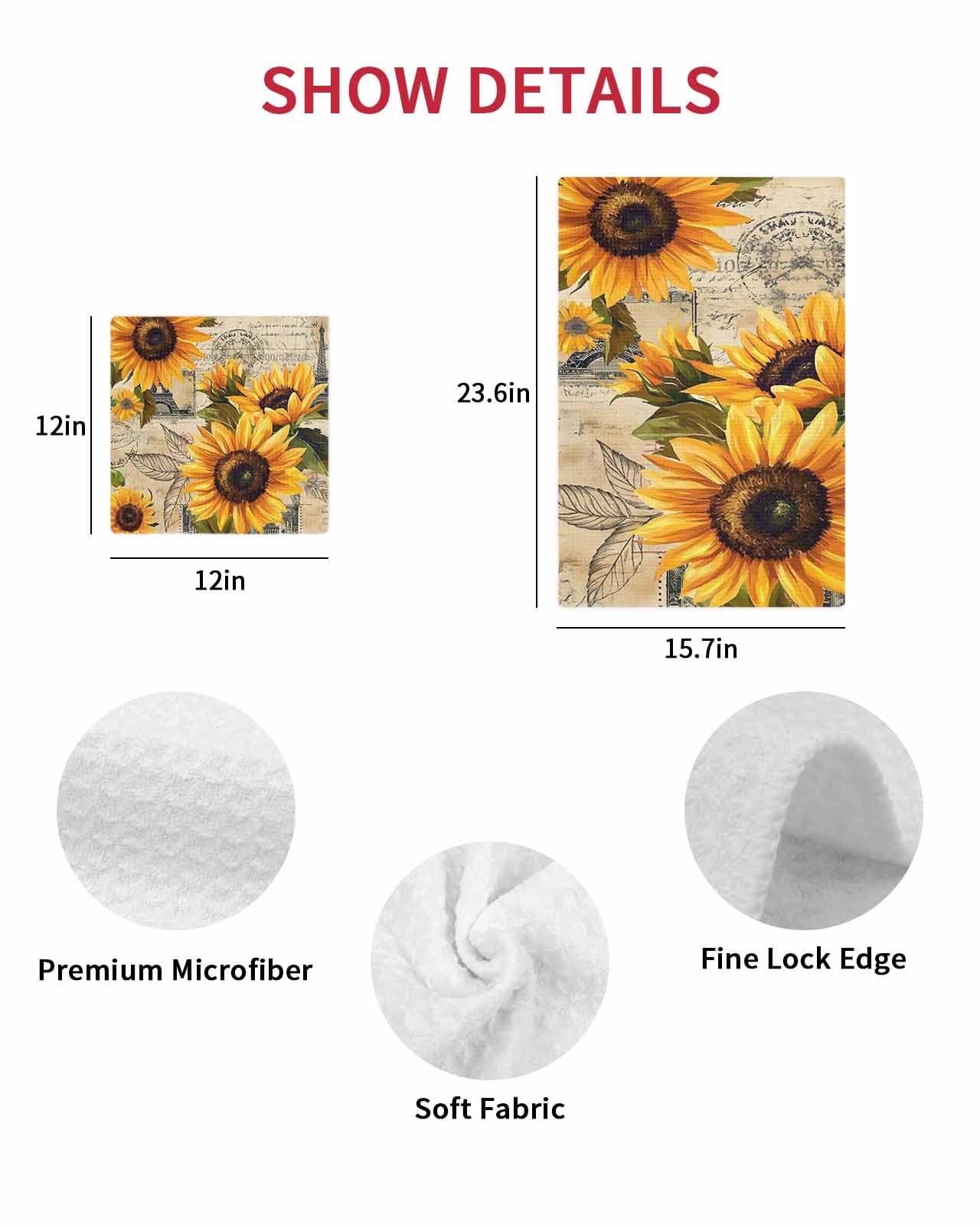 Yellow Sunflower Hand Towels Set, Waffle Weave Kitchen Towels 2 Pieces, Watercolor Retro Floral Plant Leaf Microfiber Hair Face Bath Tea Towel Absorbent Quick Drying Cleaning Dish Cloths 15.7"x23.6"