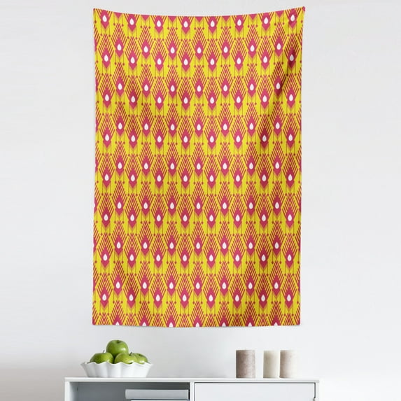 Ikat Tapestry, Aztec Culture Inspired Repeating Vintage Motifs on Yellow Background, Fabric Wall Hanging Decor for Bedroom Living Room Dorm, 5 Sizes, Magenta Yellow and White, by Ambesonne
