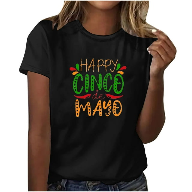 Camisetas de Manga Corta para Mujeres de Longitud Regular de Poliéster Sólido, Camiseta de Fiesta de Mayo Y Blusa Del Festival para la Primavera Y el Verano