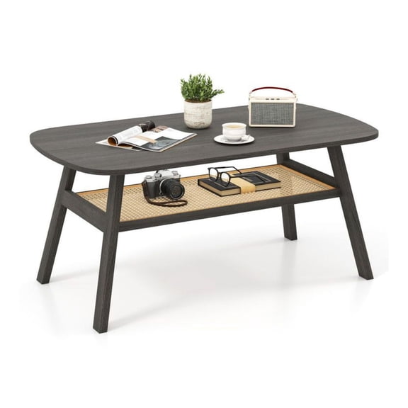 Coffee Table with Rattan Shelf, 39.5" Rectangular Center Table with Rubber Wood Legs, Living Room Cocktail Table, Dark Gray