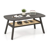 Coffee Table with Rattan Shelf, 39.5" Rectangular Center Table with Rubber Wood Legs, Living Room Cocktail Table, Dark Gray
