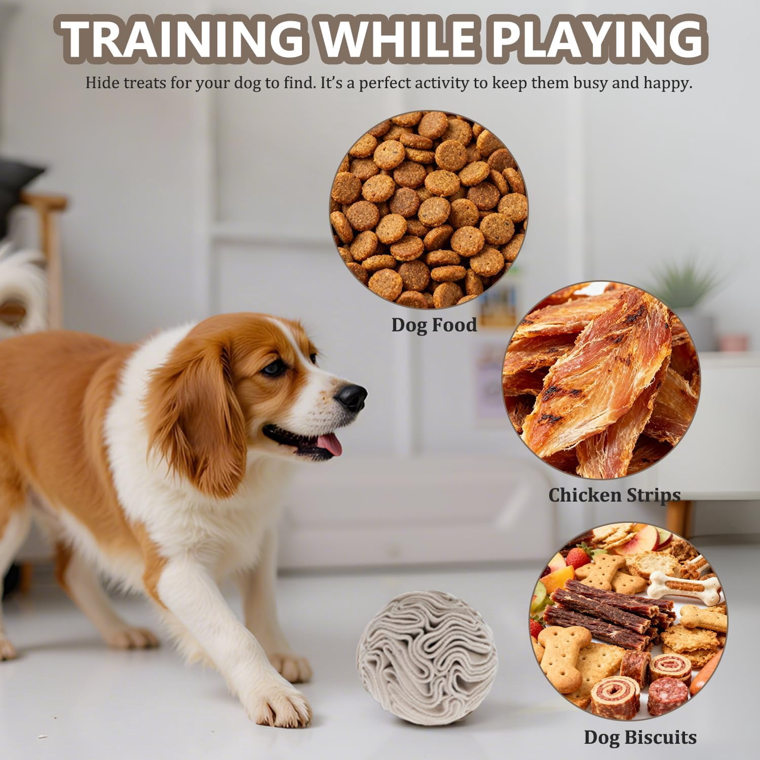 Light Brown Dog Snuffle Ball, Slow Feeder Puzzle Toy, Mental Enrichment for Small & Medium Dogs, Anxiety Relief Indoor Interactive Play, Machine Washable (Medium)