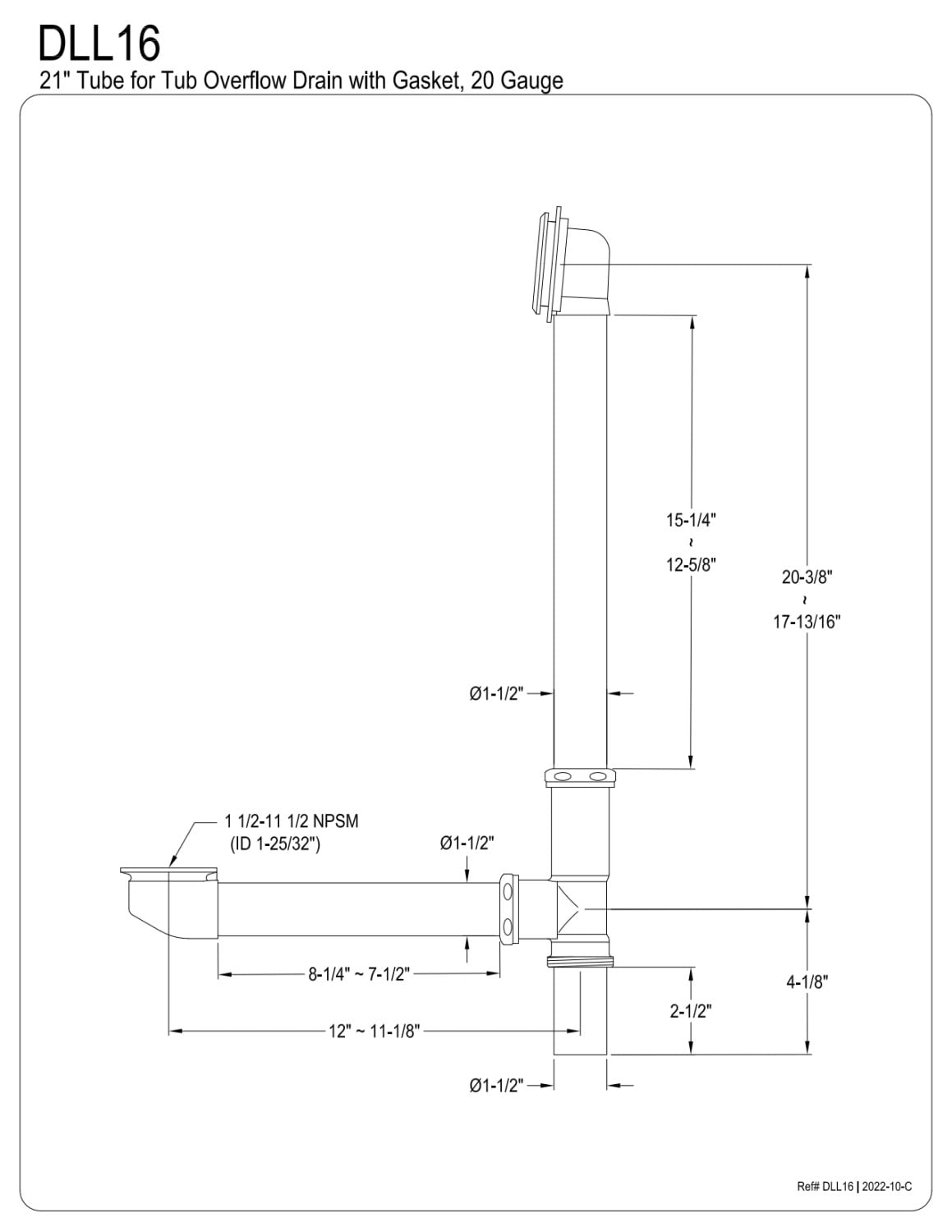 Kingston Brass DLL16 16" Tube For Tub Overflow Drain Wi DLL16