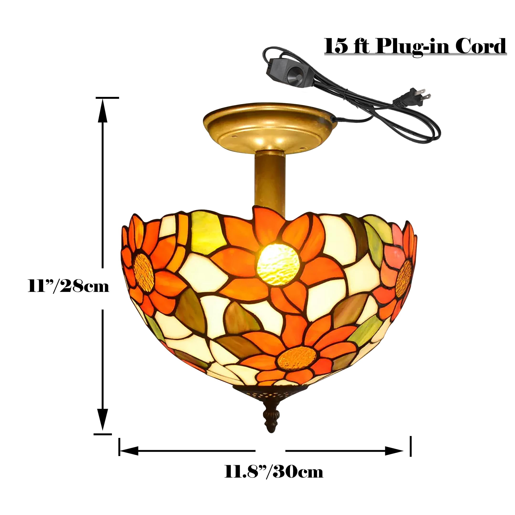 Kiven 11.8in Flush Mount Ceiling Light Fixture Dimmable, 2-Light Anti Glare Close to Ceiling Light with 15FT Plug-in Cord, Tiffany-Style Glass Chandelier for Bedroom Kitchen Hallway(No.3192)