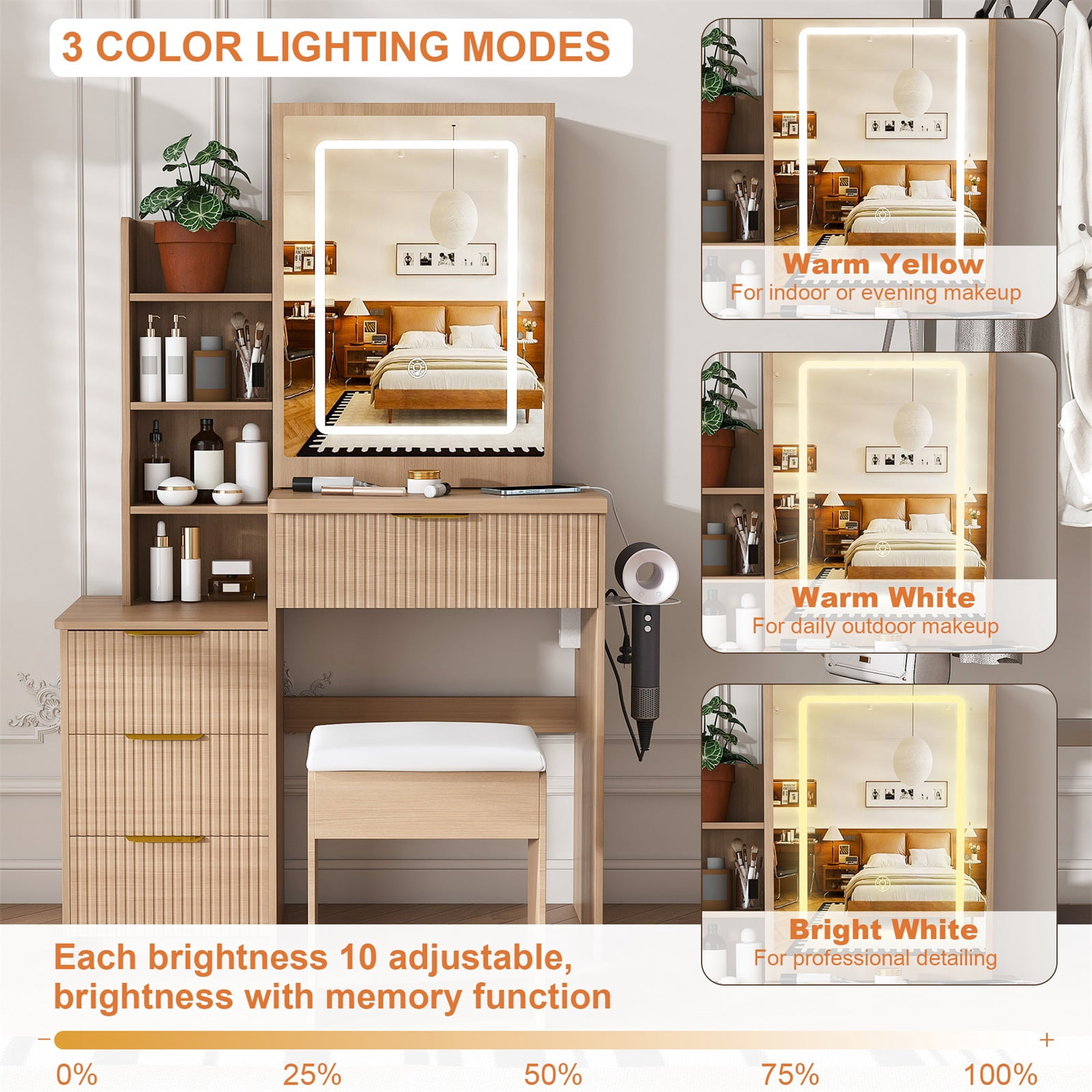 Hommoo Modern Fluted Vanity Desk Set, Makeup Vanity Dressing Table with Adjustable Brightness LED Lighted Mirror, 4-Drawer and Storage Shelves, Hair Dryer Holder and Power Socket, and Stool, Walnut