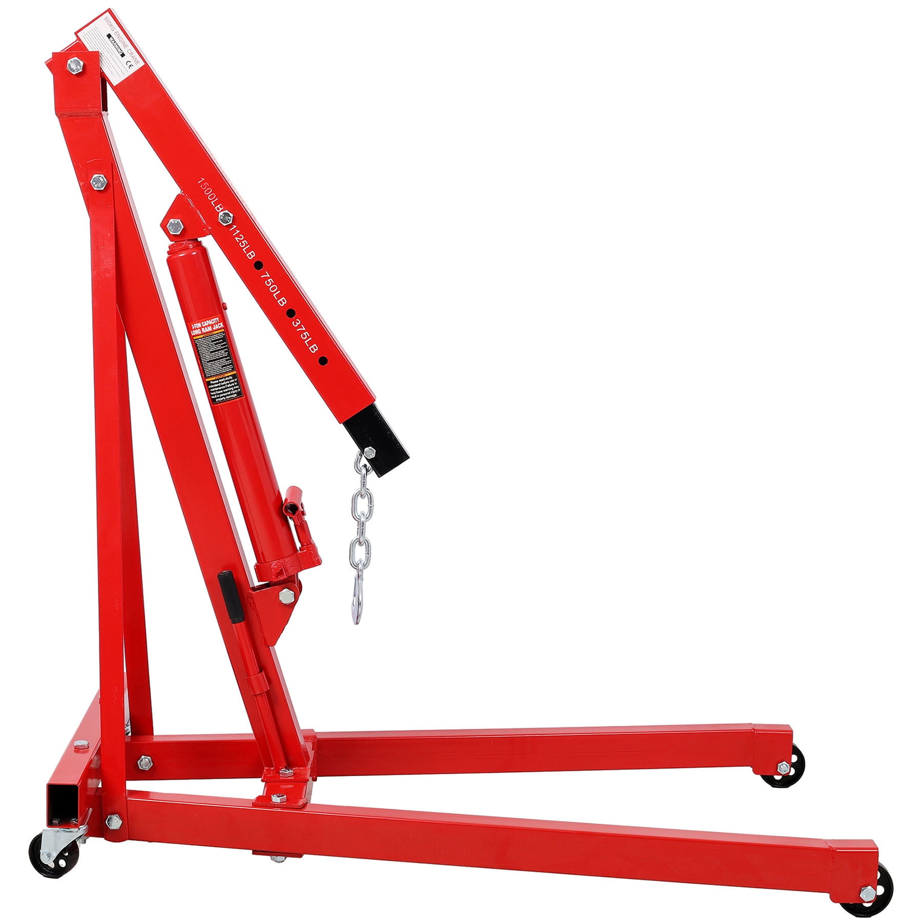 Red Engine Lift Hoist With 4 Iron Caster Wheels, 1500 Lbs Capacity Heavy-Duty Hydraulic Shop Crane
