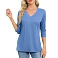 thumbnail image 5 of HomeDM Women's V Neck 3/4 Sleeve Tops Casual Loose Fit Solid Color T Shirts Lightweight Tunic Tops - Blue/L, 5 of 9