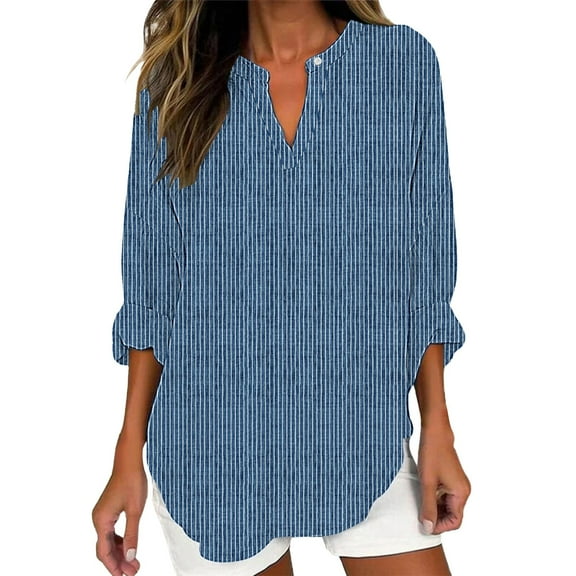 Outfmvch Linen Shirts for Women Linen Tops for Women Womens Linen Tops Lapel Gauze Tops Womens 3/4 Sleeve Button Down Shirts Linen Tunic Tops for Women Blue L