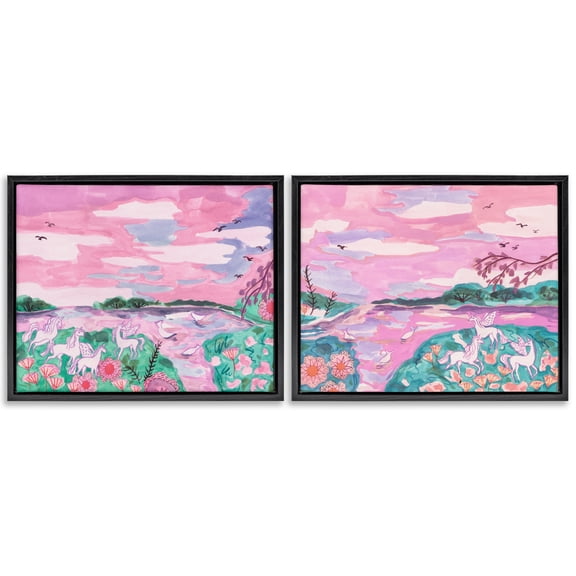 Stupell Industries Unicorn Nature Whimsy Fantasy & Sci-Fi Painting Black Floater Framed Canvas Art Print Wall Art, 21 x 17, Set of 2