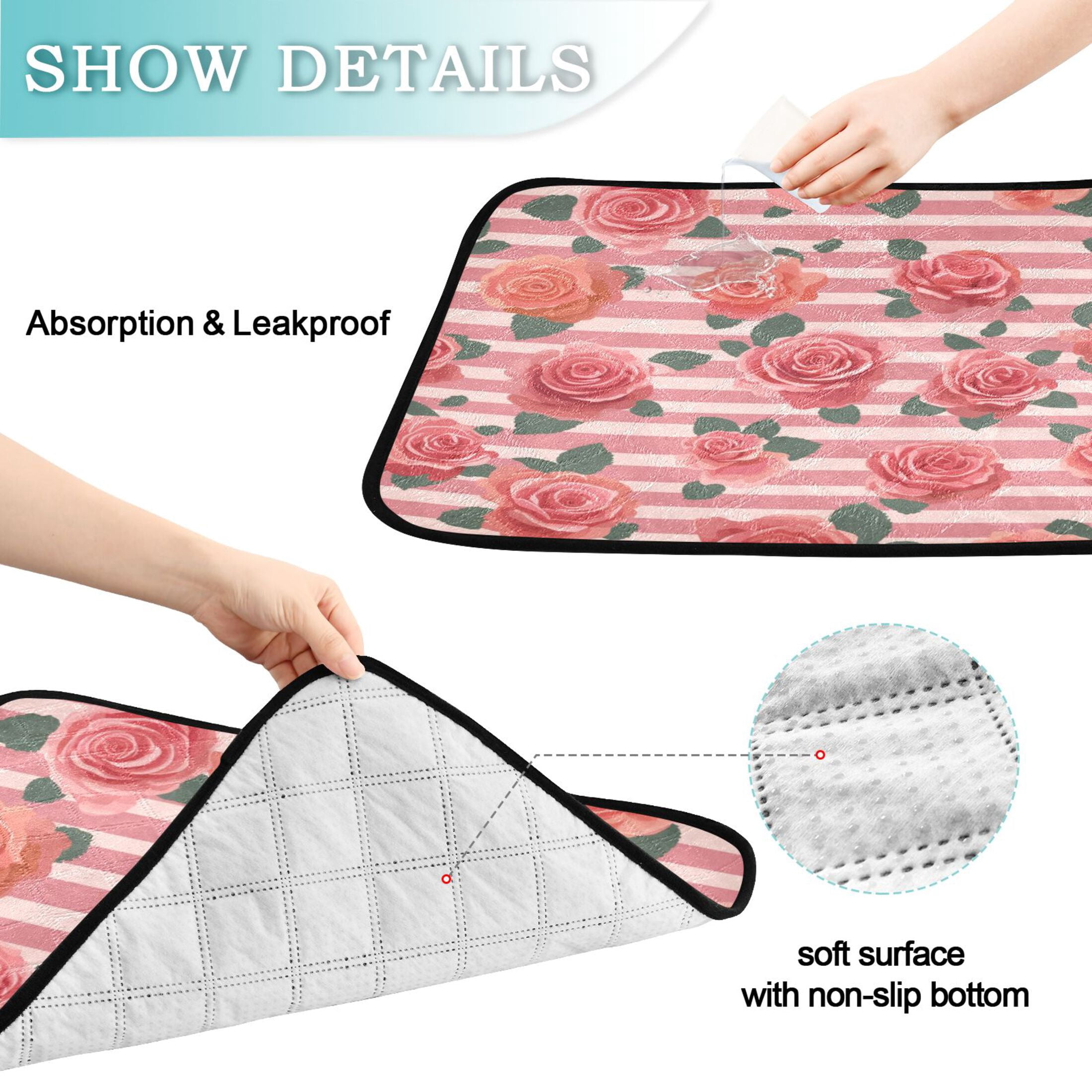 Washable Pet Pee Pads Soft Plush Absorbent Mat Non-Slip Floor Protector for for Dogs & Cats Roses and Stripes Pattern