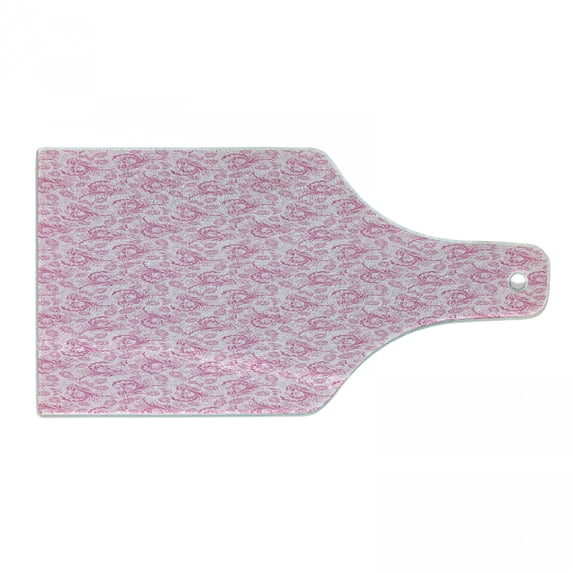 Pink Cutting Board, Hand-Drawn Flowers Dots Curly Leaves with Butterflies Romantic Love Design, Decorative Tempered Glass Cutting and Serving Board, in 3 Sizes, by Ambesonne