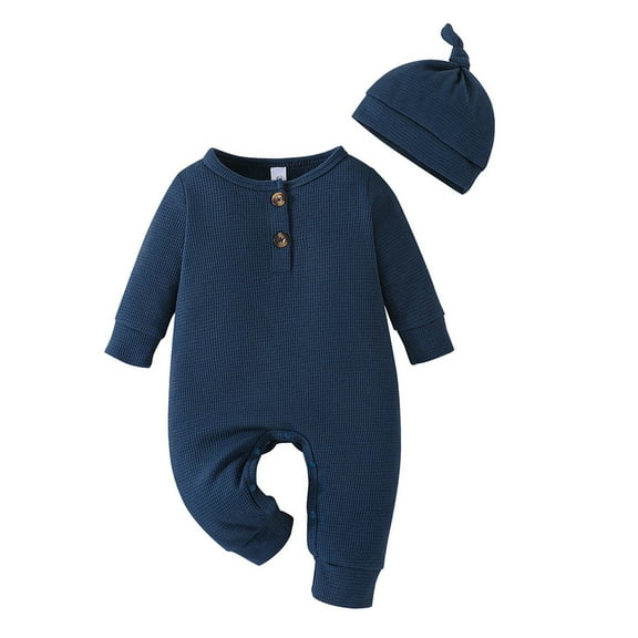 WeeBloom Onesies Baby Boy Winter Long Sleeve Jumpsuit Solid Color Print With Hat Outwear Fall Clothes Sleepwear Pajamas,Dark Blue 18-24 Months