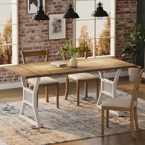 70.8 Inch Walnut White Farmhouse Dining Table with Metal Leg, Rectangular Household Dinner Desk for 4-6 Persons Kitchen Living Room