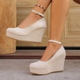 thumbnail image 4 of Willtoo Wedges for Women Closed Round Toe Ankle Strap Platform High Heel Wedge Pumps Dress Shoes Beige, 4 of 6