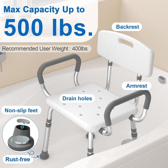 Heavy Duty Shower Chair with Arms and Back, Height Adjustable Bath Seat for Elderly Adults Handicap White